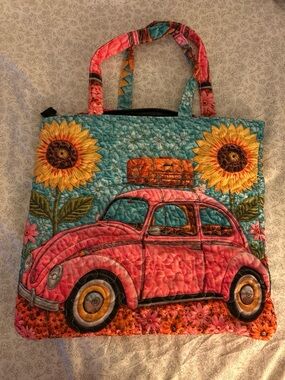 Quilted Pink Vintage Car Tote Bag with Sunflower Design